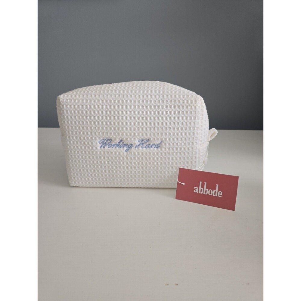 Abbode White Waffle Cosmetic Bag "Working Hard Hardly Working" NWT